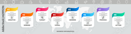 Vector modern infographics with eight rectangles. Business concept with graphic 8 steps and symbols for diagram, web, banner, presentations, flowchart, content, levels, chart, graphic, timeline