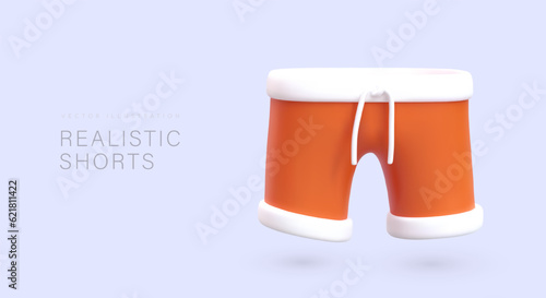 Realistic orange shorts with white trim. Sports daily wear. Illustration in cartoon style. Youth trend. Shorts with adjustable waist. Commercial banner for clothing store