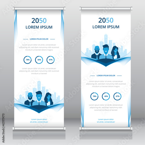 Professional roll up banner or retractable banner template with business people and cityscape artwork, Vertical signboard template, Trade show banner, Standee template, X-banner template, Flag banner