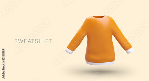 3D orange sweatshirt with white cuffs. Modern cotton long clothes. Illustration on colored background. Place for advertisement, offer, headline. Header for product category