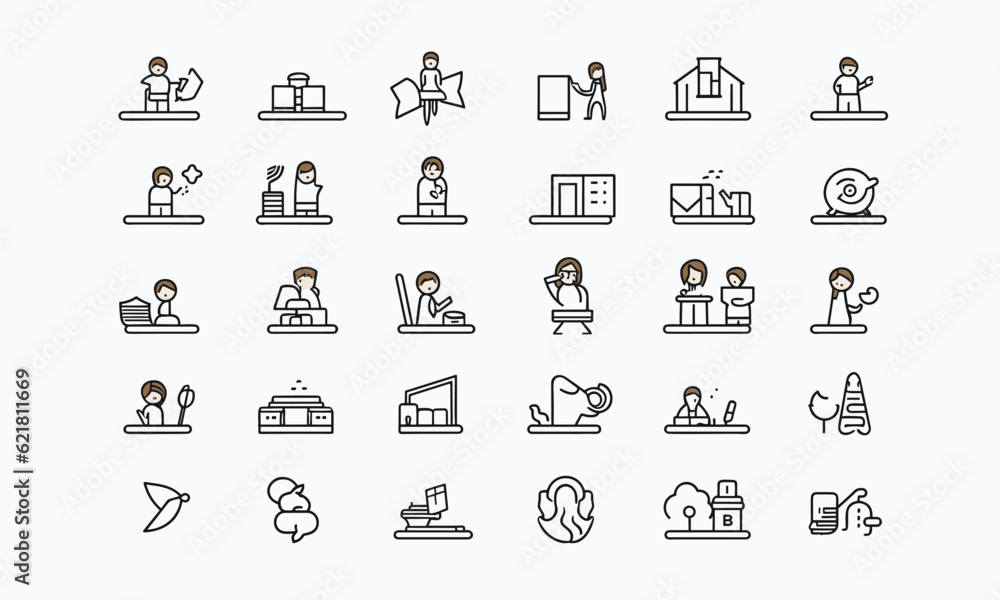 Studio web symbols inline style. Business, training, teamwork, partnership, objectives, coaching, and collection Black-and-white vector illustration with a white background Studio web symbols inline style. Business, training, teamwork, partnership, objectives, coaching, and collection Black-and-white vector illustration with a white background