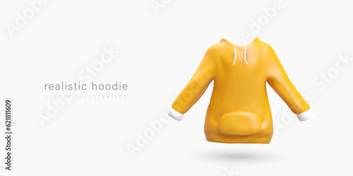 Realistic yellow hoodie sweatshirt. Sports jacket with hood with ties and large front pocket. Modern youth style. Everyday outfit. Template for header, advertising banner