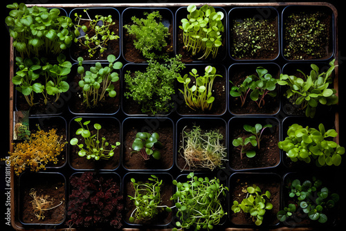Intriguing overhead view of a seedling tray, filled with young plants in uniform rows illustrating man's hand in nature's process. Generative AI