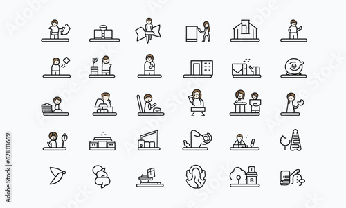 Studio web symbols inline style. Business  training  teamwork  partnership  objectives  coaching  and collection Black-and-white vector illustration with a white background