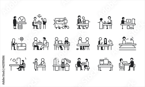 Studio web symbols inline style. Business, training, teamwork, partnership, objectives, coaching, and collection Black-and-white vector illustration with a white background