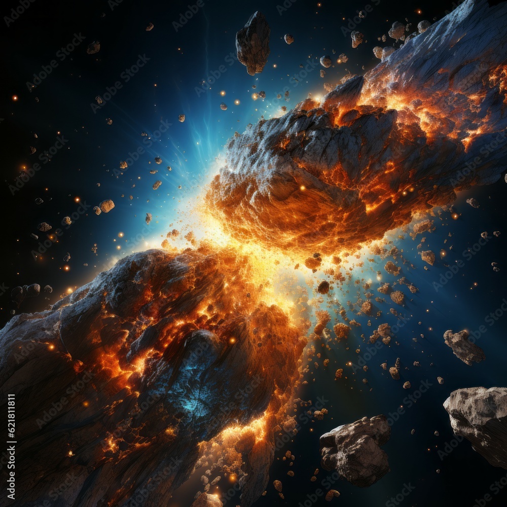 Abstract 3d rendering of a hot burning asteroid flying in outer space. Massive cosmic asteroid explosion in deep space. Fiery explosion in space. Beautiful Space background.
