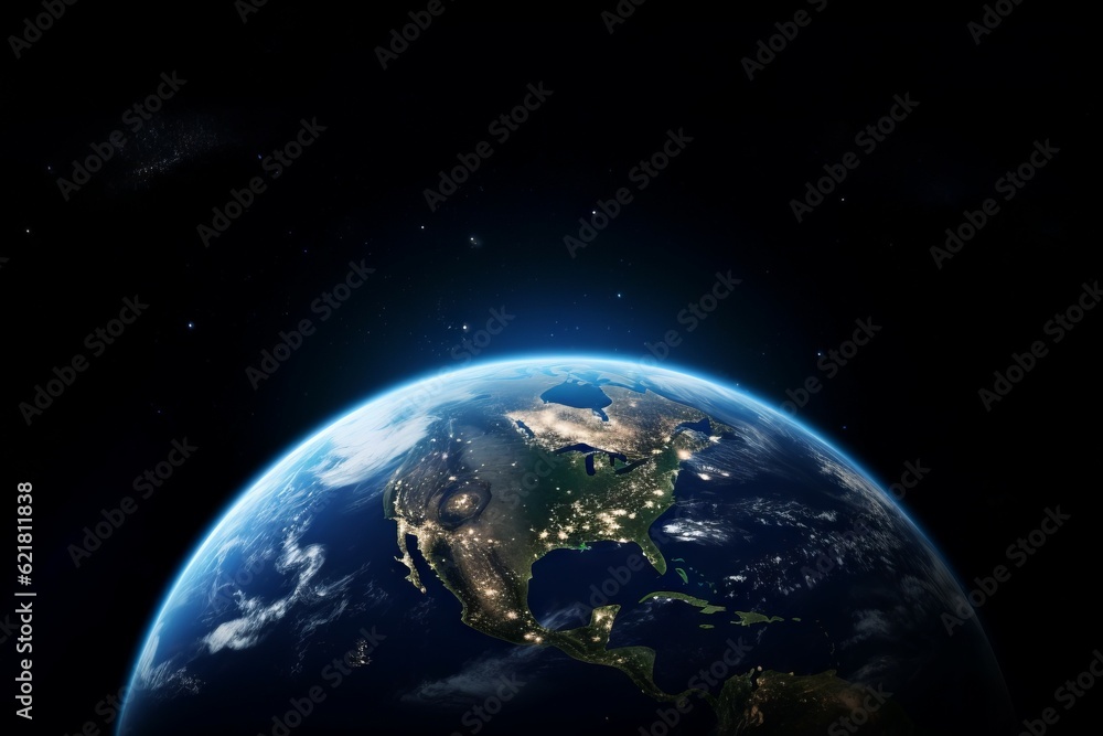 Planet Earth with city lights. Earth from space. 3D illustration with detailed planet surface and visible city lights. Globalization concept. Night part of Earth as seen from space. AI generated