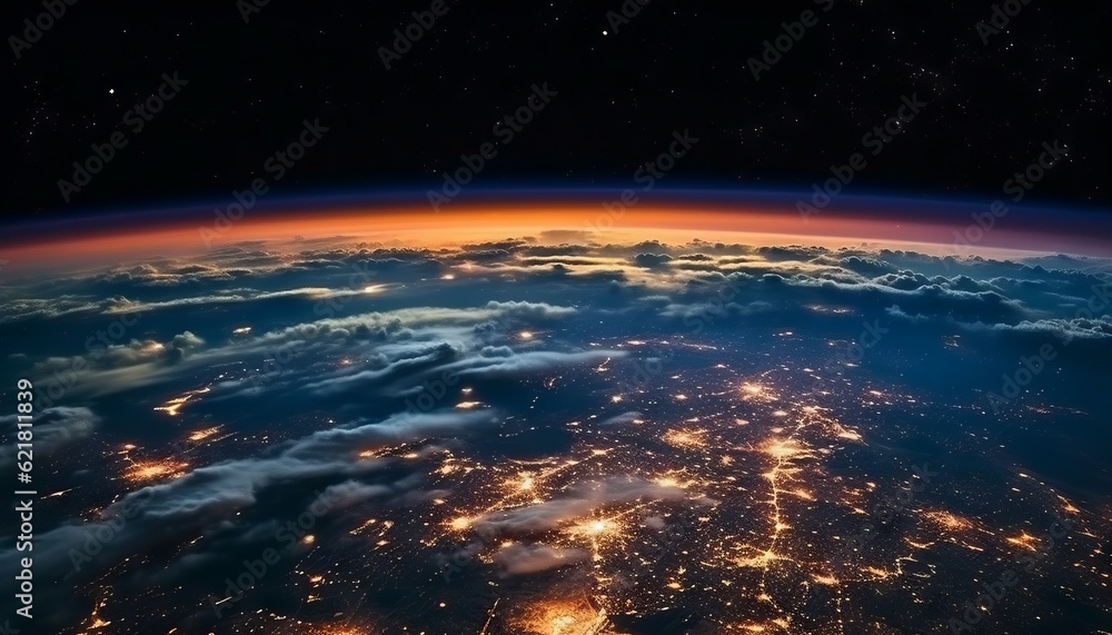 Planet Earth with city lights. Earth from space. Illustration with detailed planet surface and visible city lights. Globalization concept. Night part of Earth as seen from space. AI generated