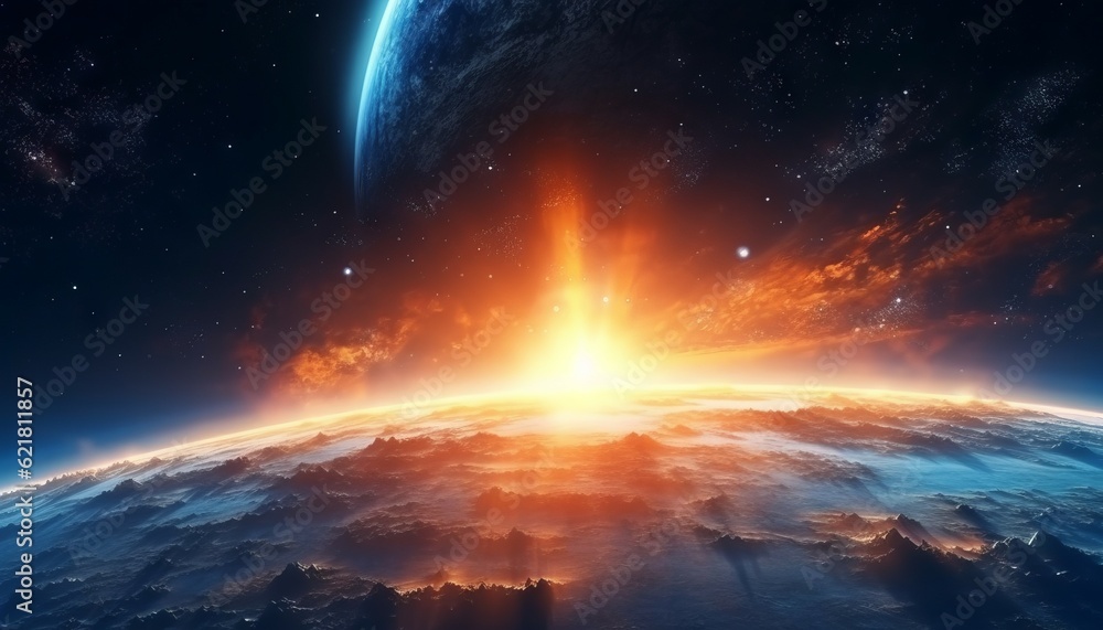 Cosmic landscape with planets, stars and galaxies in space. Sunrise over planet in outer space. Solar System - planets in space against the background of stars and nebula. AI generated illustration