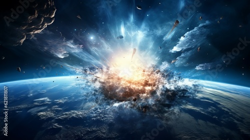 Fototapeta Naklejka Na Ścianę i Meble -  Explosions from the collision of asteroids with the planet earth in outer space. Asteroid collision with a planet in space. Image of a planet in fire and smoke, 3d digitally rendered illustration.