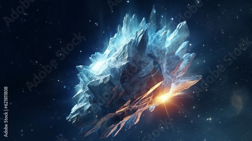 Blue ice asteroid flying in outer space with a sunray in the center. Massive cosmic icy asteroid on the glowing stars in deep space