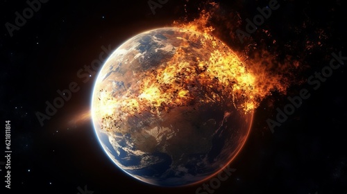 Explosions from the collision of asteroids with the planet earth in outer space. Asteroid collision with a planet in space. Image of a planet in fire and smoke  3d digitally rendered illustration.