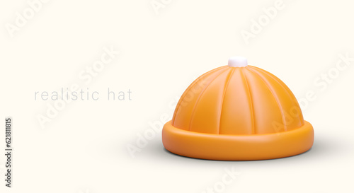 Realistic round small beany hat with twisted brim. Vector poster on yellow background. Color concept for hat shop. Advertising in cartoon style, place for text