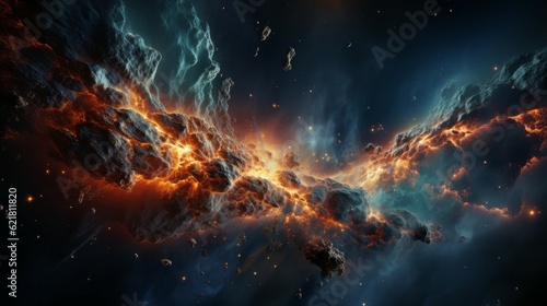 Fotografie, Obraz Abstract 3d rendering of collision burning asteroid in outer space with planet