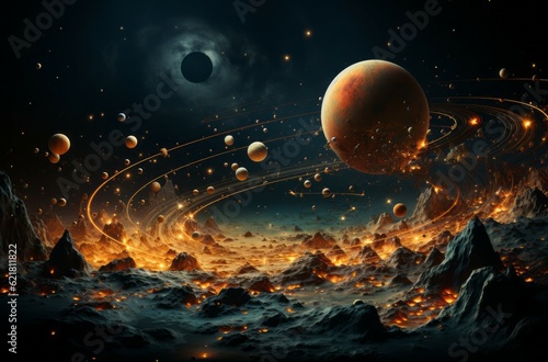 Abstract space background with planets, stars and red-hot surface. 