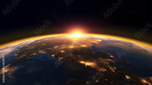 Sunrise above planet Earth as seen from space. Beautiful golden sunrise over the planet Earth. Our Blue Planet earth in space with sun over horizon. 