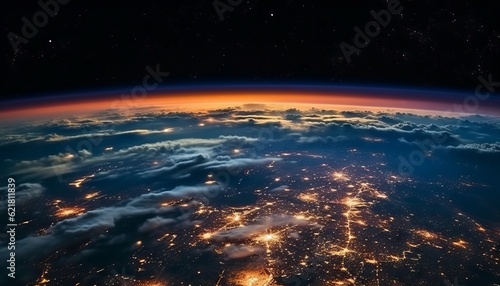 Planet Earth with city lights. Earth from space. Illustration with detailed planet surface and visible city lights. Globalization concept. Night part of Earth as seen from space. AI generated
