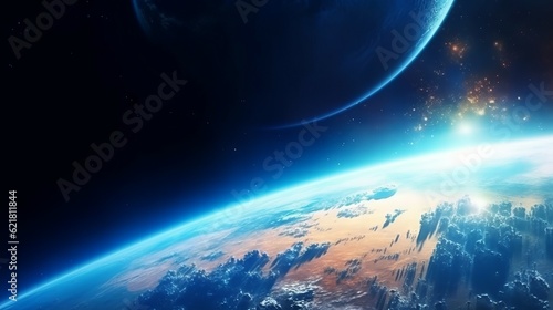 Cosmic landscape with planets, stars and galaxies in space. Sunrise over planet in outer space. Solar System - planets in space against the background of stars and nebula. AI generated illustration © Valua Vitaly