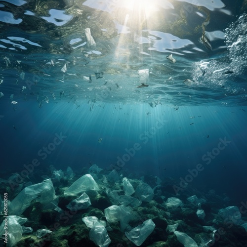 underwater view of a coral reef with polluting plastics, plastics in the ocean
