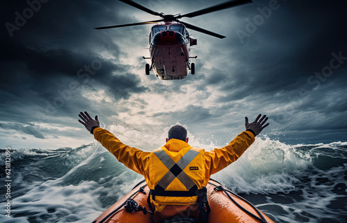 Rescue helicopter rescues a shipwrecked man in a stormy sea, ai generative