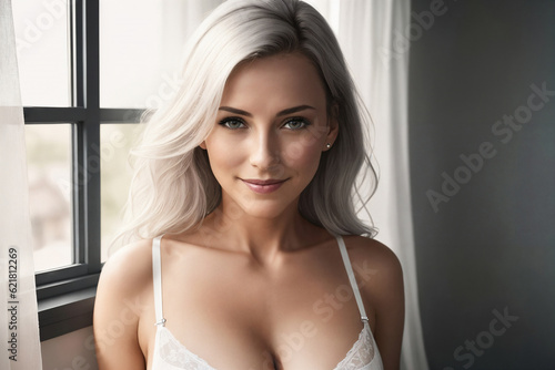 Portrait of a beautiful woman near window in a bedroom. Generative AI.