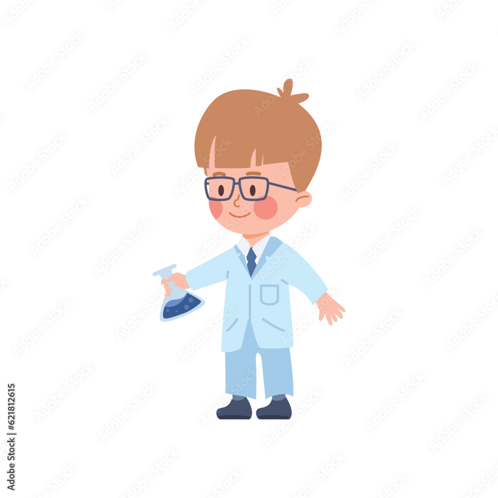 Cute smiling child boy in scientist costume and glasses holding flask flat style Cute smiling child boy in scientist costume and glasses holding flask flat style