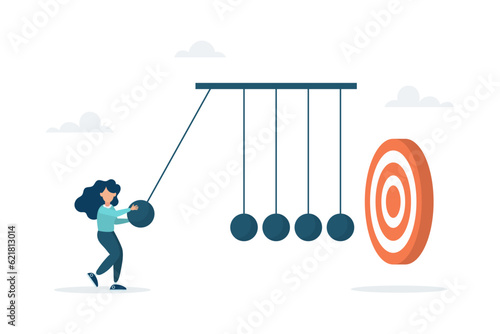 A young girl uses a newton's cradle to hit the target, the impact on success. The concept of achieving the goal. Vector flat style illustration.
