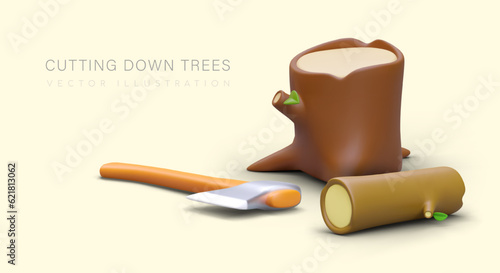 Cutting down trees. Destruction of invasive roots on site. Tree and stump removal service. Certified arborist. Advertising banner with realistic image of ax, stump, log