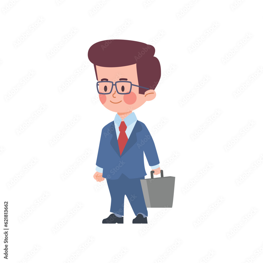 Cute boy dressed as businessman with briefcase, cartoon flat vector illustration isolated on white background. Cute boy dressed as businessman with briefcase, cartoon flat vector illustration isolated on white background.