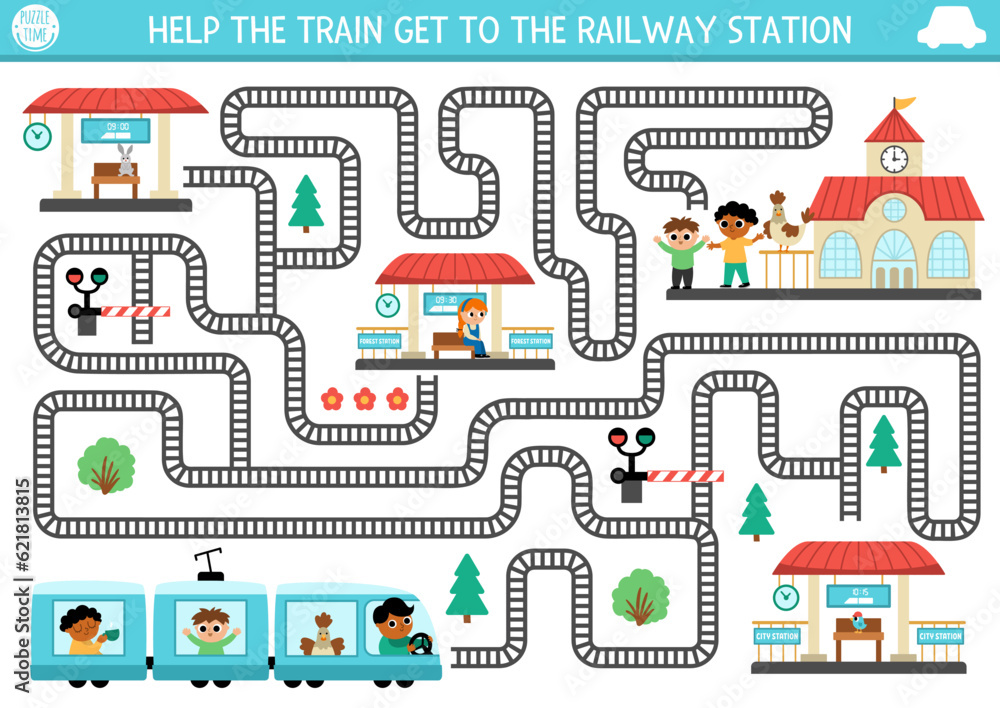 Transportation maze for kids with railroad, driver, passengers. Urban transport preschool printable activity. Labyrinth game or puzzle with rails, stops, barrier. Help the train get to railway station