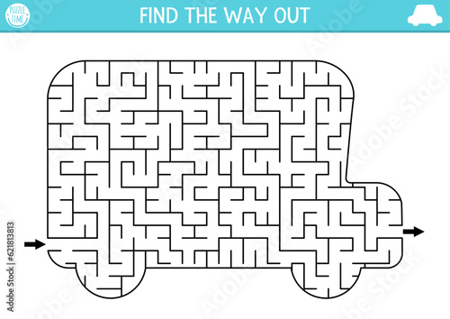 Transportation geometrical maze for kids. Preschool printable activity shaped as school bus. Simple city public transport labyrinth game or puzzle for children.