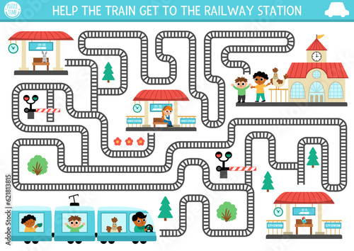 Transportation maze for kids with railroad, driver, passengers. Urban transport preschool printable activity. Labyrinth game or puzzle with rails, stops, barrier. Help the train get to railway station