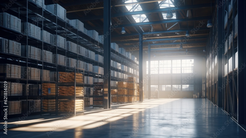 Large industrial warehouse. Tall racks completely filled with boxes and containers. Cardboard boxes on pallets. Daylight fills the room through the windows. Global logistic concept. 3D illustration.