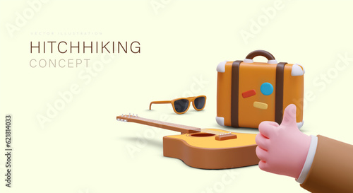 Hitchhiking concept. 3D suitcase, guitar, sunglasses. Thumbs up gesture. Classic economical way to travel. Fun vacation. Template for modern web design