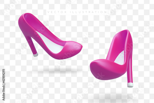 Bright pink high heels, pumps. Realistic vector image. Festive fashionable womens shoes. Illustration for web design, icons for application. Floating objects in cartoon style