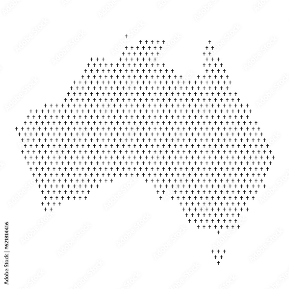 Map of the country of Australia with crosses on a white background
