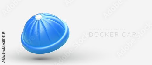 3D blue docker hat. Cool cap without visor for real fashionistas. Advertisement of classic men hats. Cute vector template on gray background. Commercial concept with text