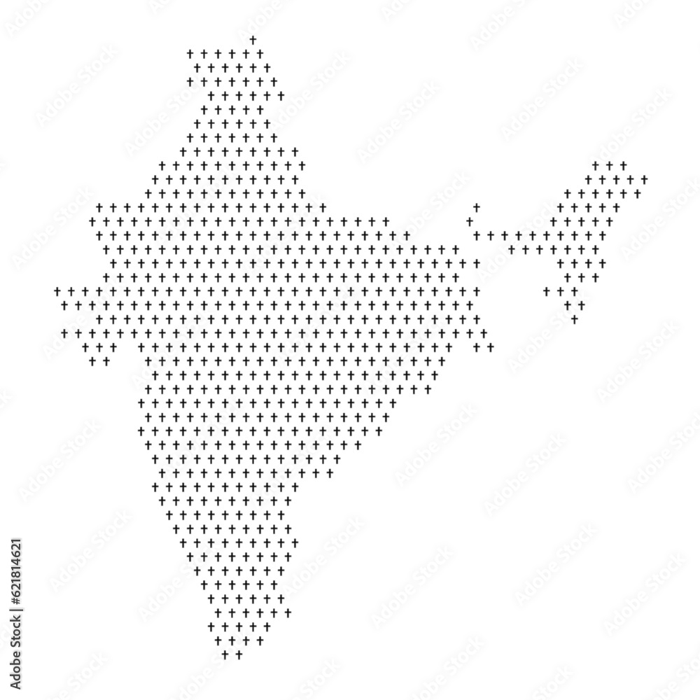 Map of the country of India with crosses on a white background