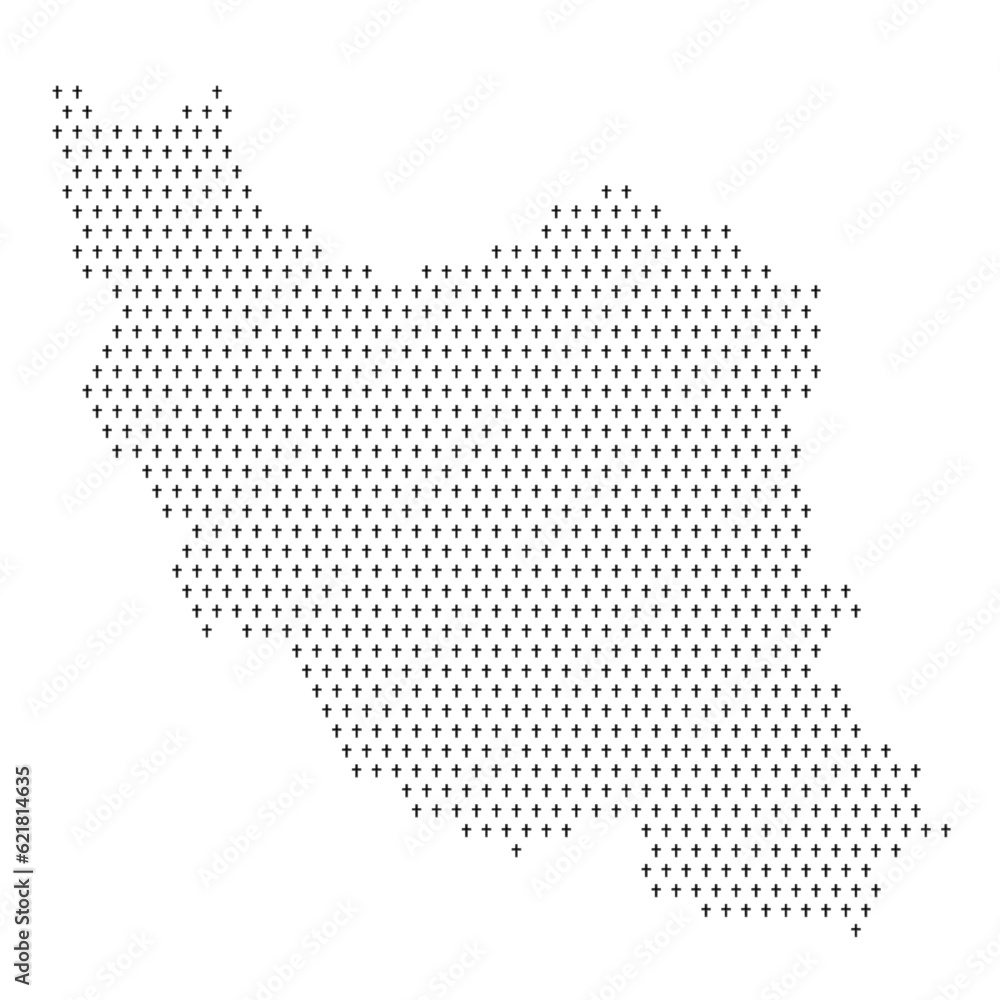 Map of the country of Iran with crosses on a white background