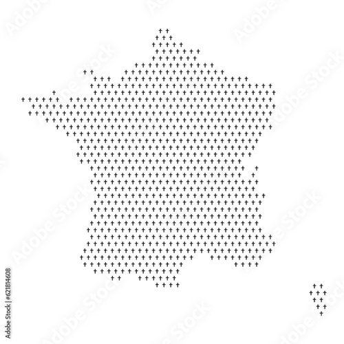 Map of the country of France with crosses on a white background