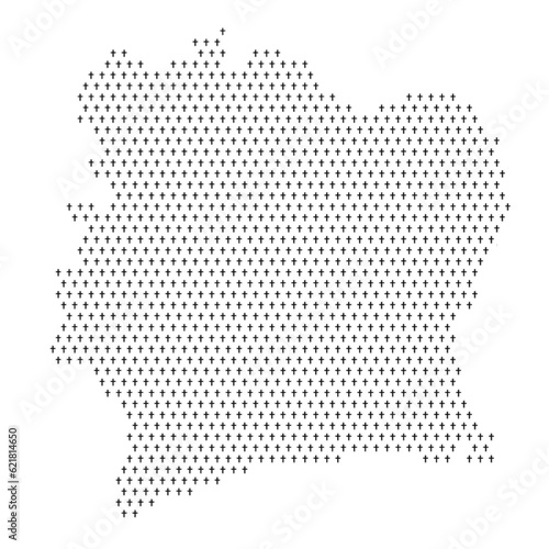Map of the country of Ivory Coast with crosses on a white background