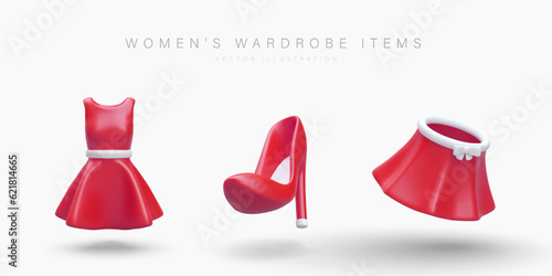 Womens wardrobe items. Realistic dress, skirt, high heel shoe. Colored icons to indicate product categories, sections in store. Cute illustration for modern design