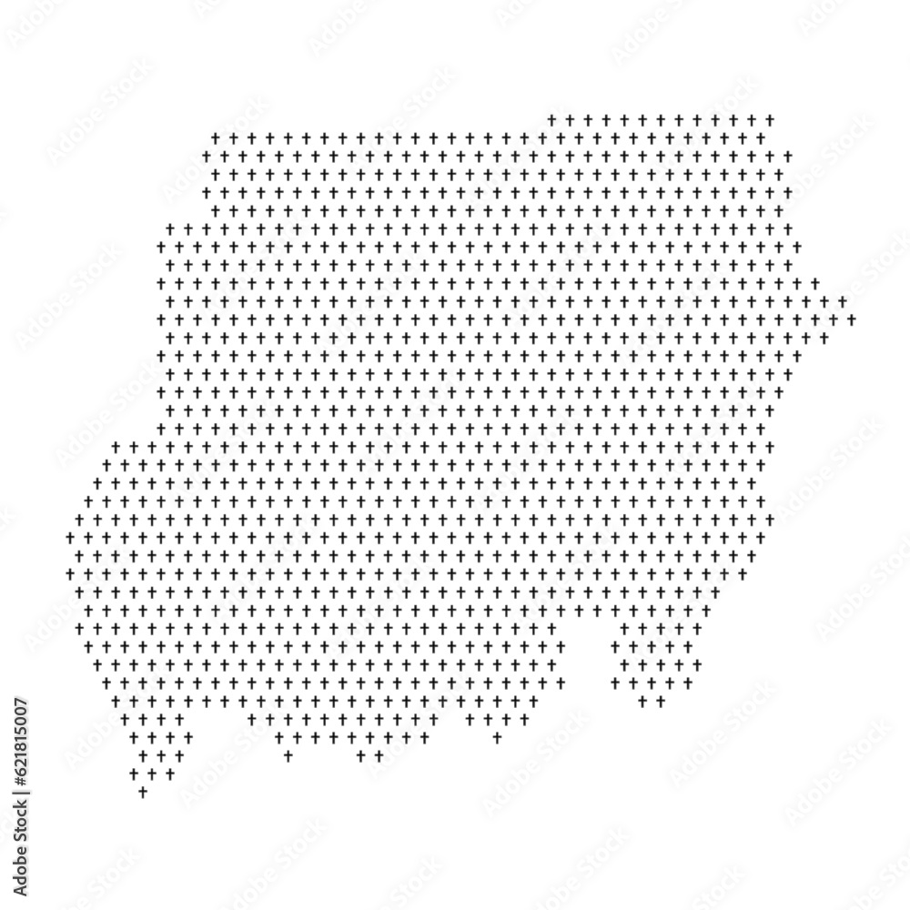 Map of the country of Sudan with crosses on a white background