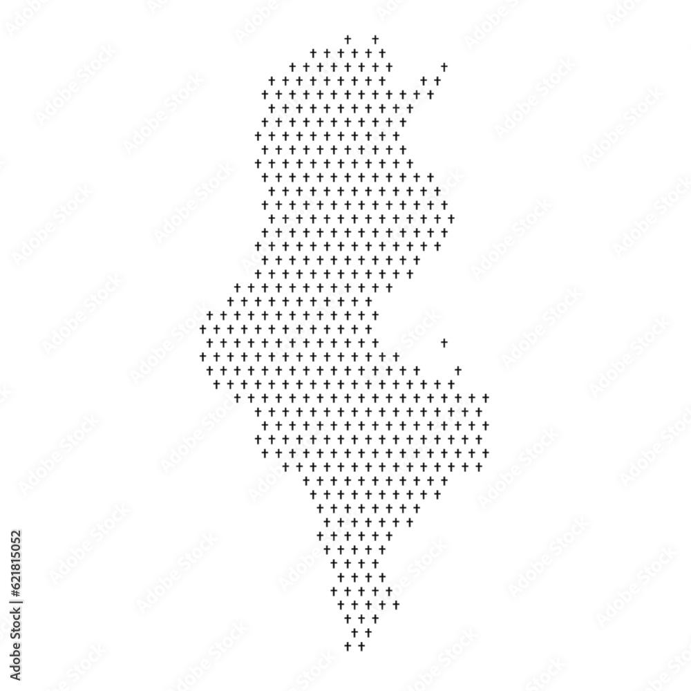 Map of the country of Tunisia with crosses on a white background