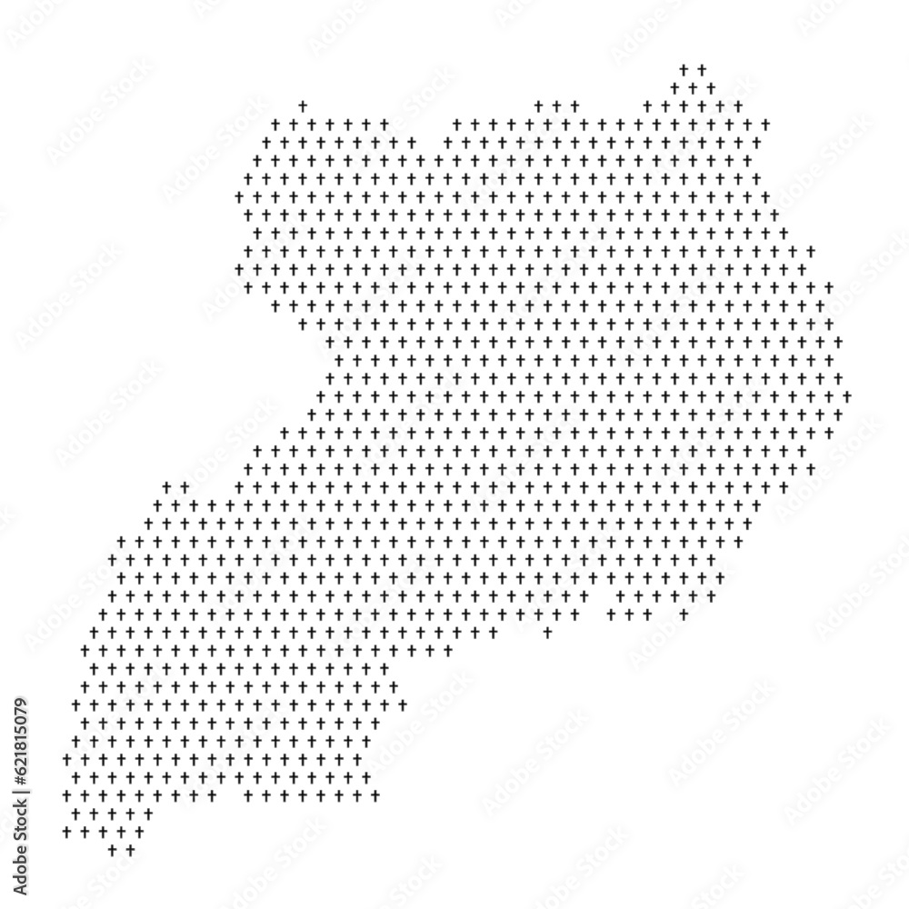 Map of the country of Uganda with crosses on a white background
