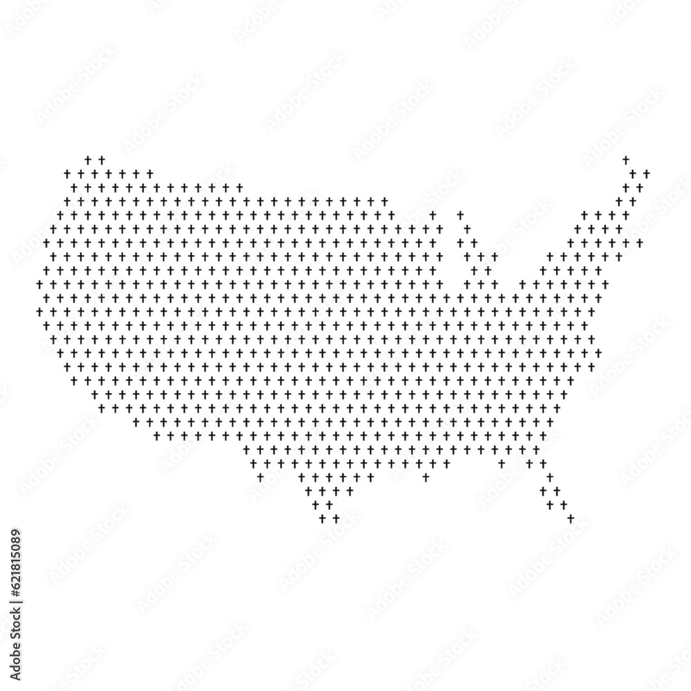 Map of the country of United States of America with crosses on a white background
