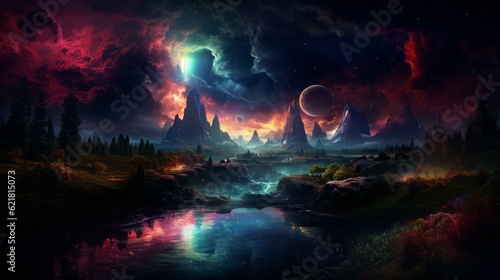 Fantasy cosmic landscape with mountains  lake  hilly terrain on the background of stars and moon the sky. AI illustration. Fantasy saturated colors landscape with river  forest and mountain at night.