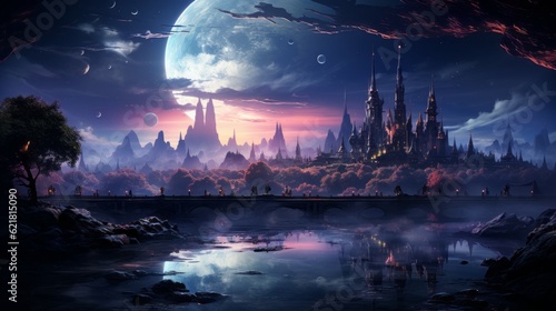 Fantasy colorful landscape with castle the river at night with star and planets in sky. Beautiful fantasy landscape at night in purple colors with a temple, river and many planets in deep space.