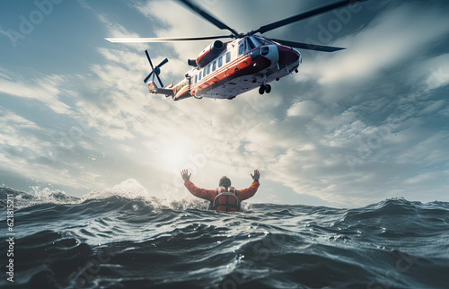 Rescue helicopter rescues a shipwrecked man in a stormy sea, ai generative