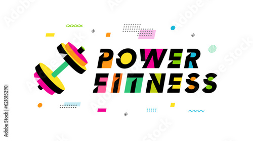 Power fitness logo. Vector emblem with colored dumbbell and letterig for fit gym sport design or bodybuilder symbol